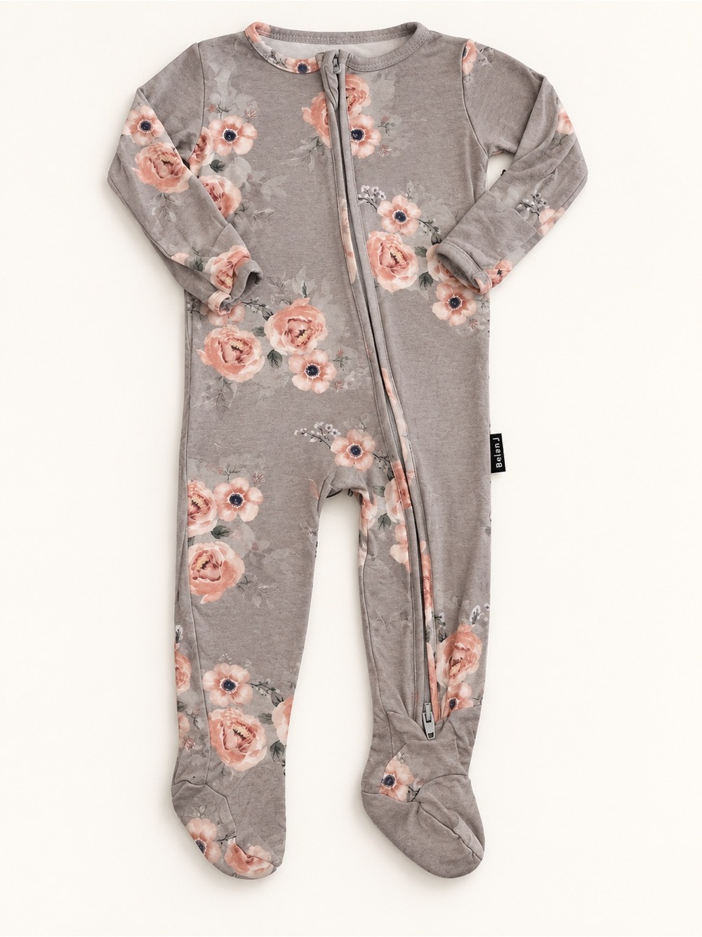 Belan J Floral Zipper Footie One-Piece in Gray and Pink - Cozy Sleepwear